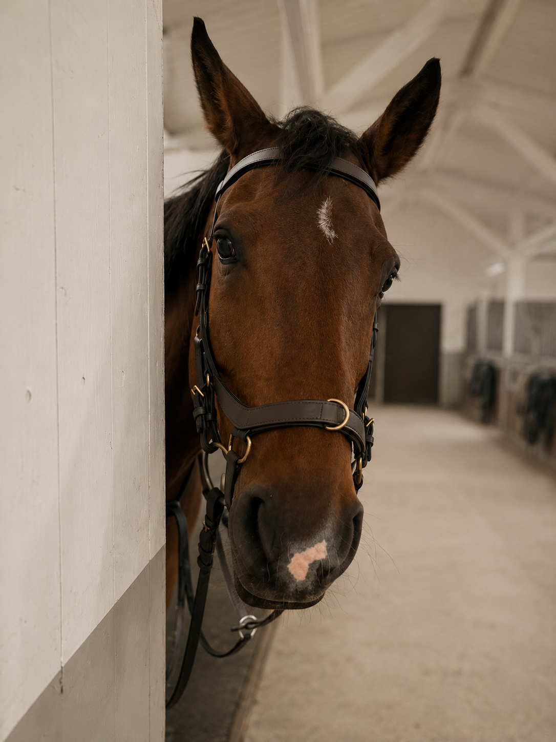 Horse peeking around a stable door in a warm white interior.