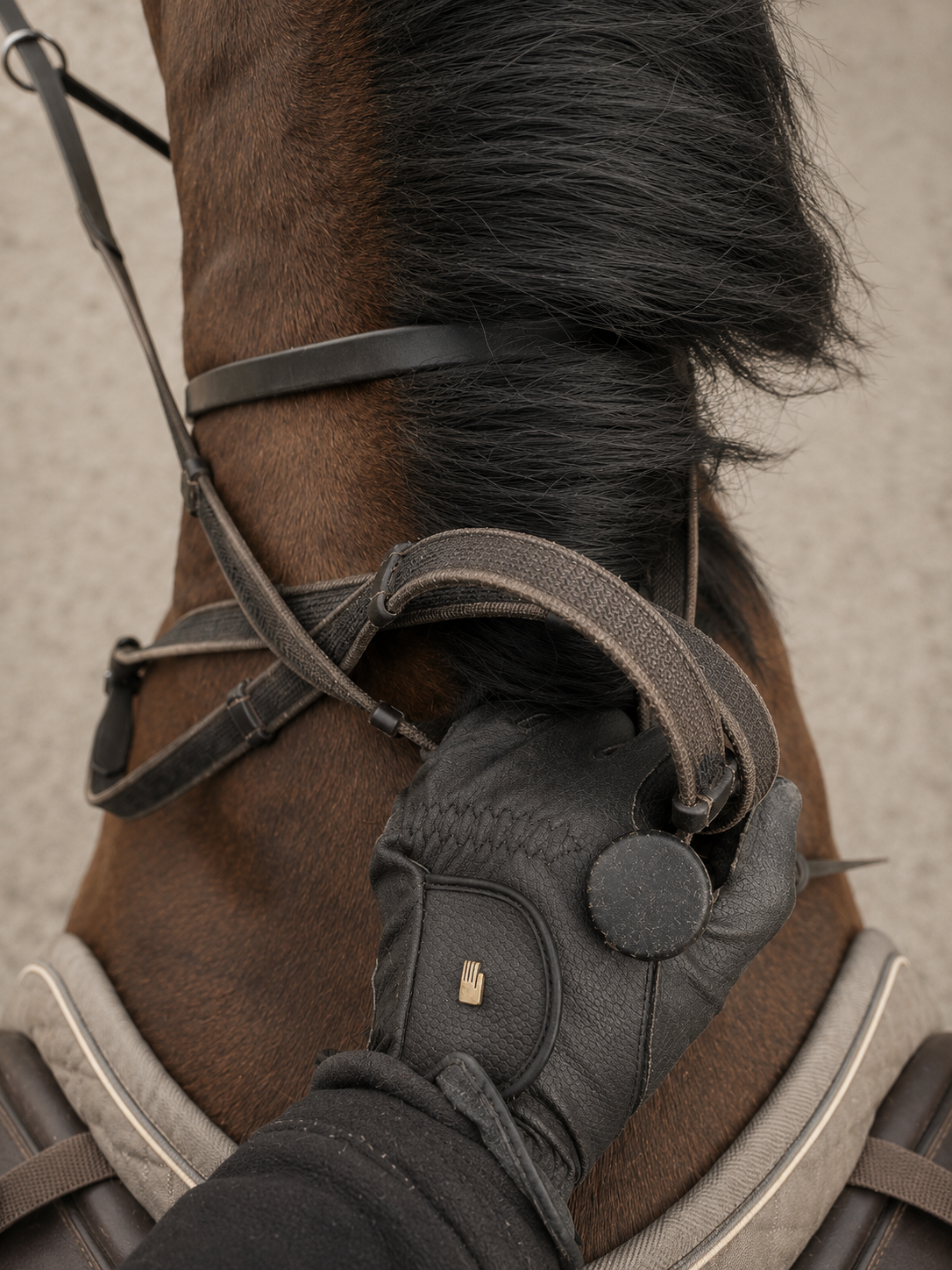 Gloved hand resting on a bridle against a horse's neck.